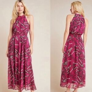 Anthropologie Maeve Kelli Halter Maxi Dress Small Smocked Waistband C2 Abstract
